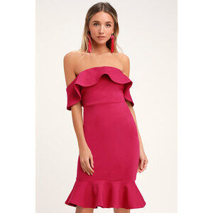Lulus Confidence Boost Magenta Off-the-shoulder Bodycon Midi Dress Pink
